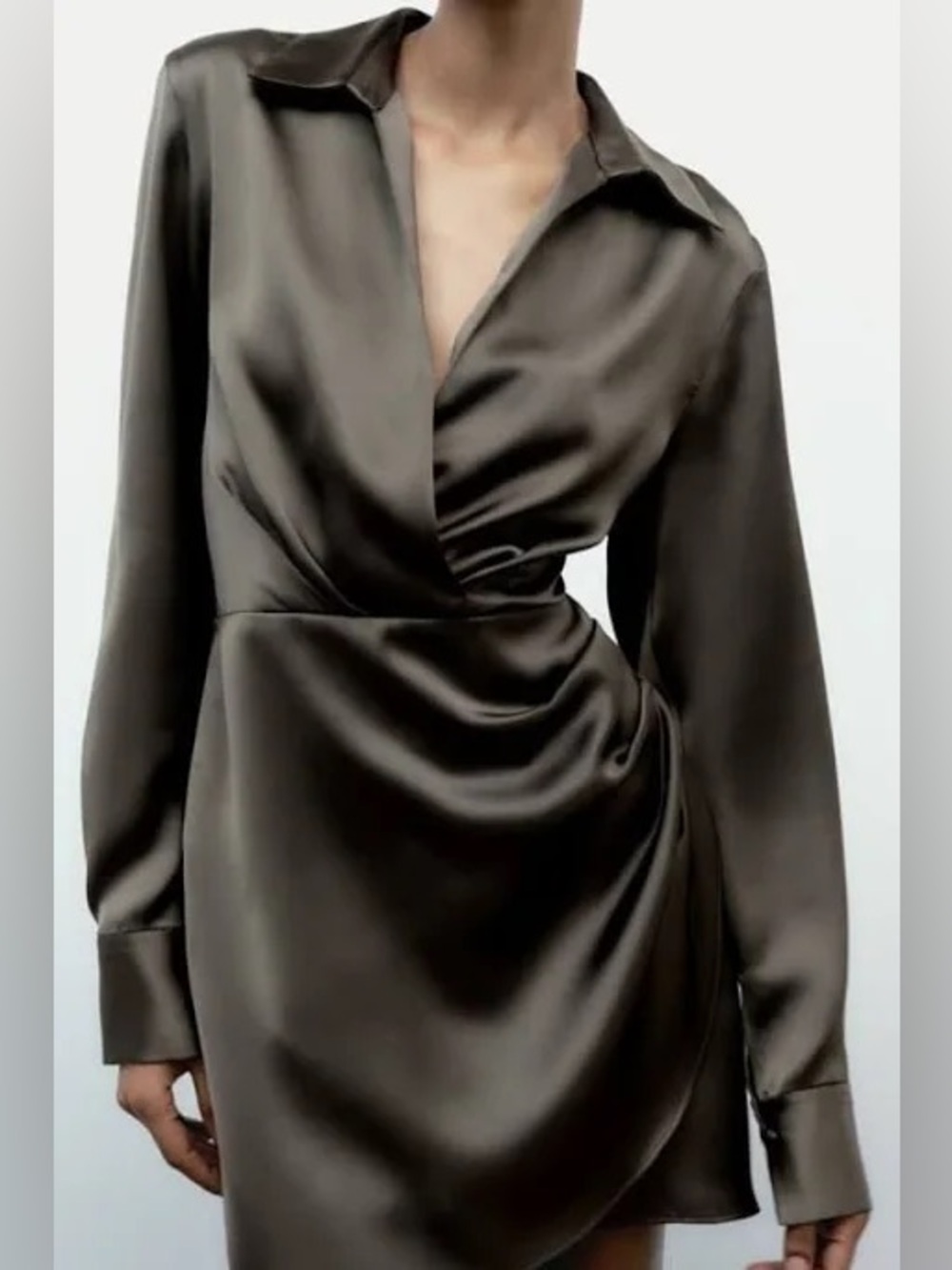 Zara Olive Green Satin Wrap-Style Women’s Dress